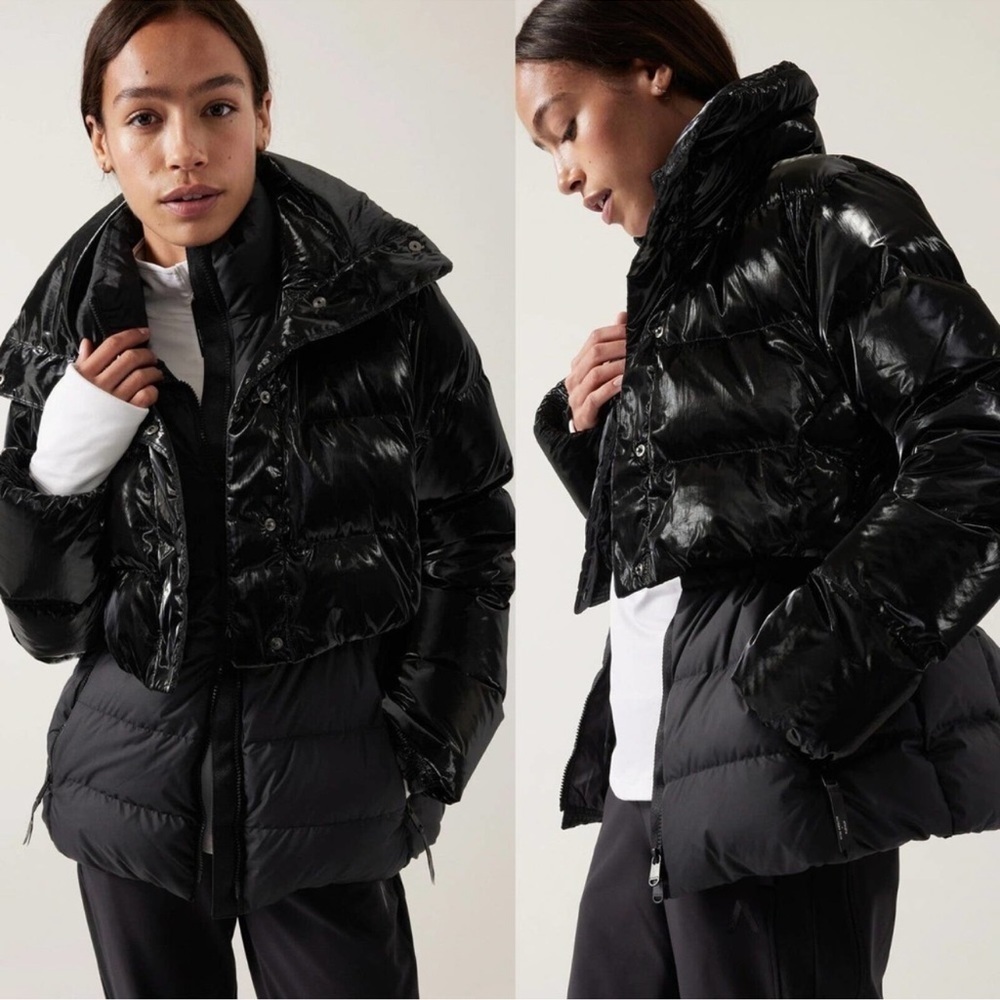Athleta Allyson Felix Legend Downtown Metallic Black Puffer Jacket Down Coat
